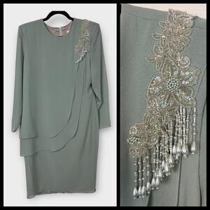 Vintage 80s After Dark Green Gray Shouder Sequin Chiffon Dress Large 12/14
